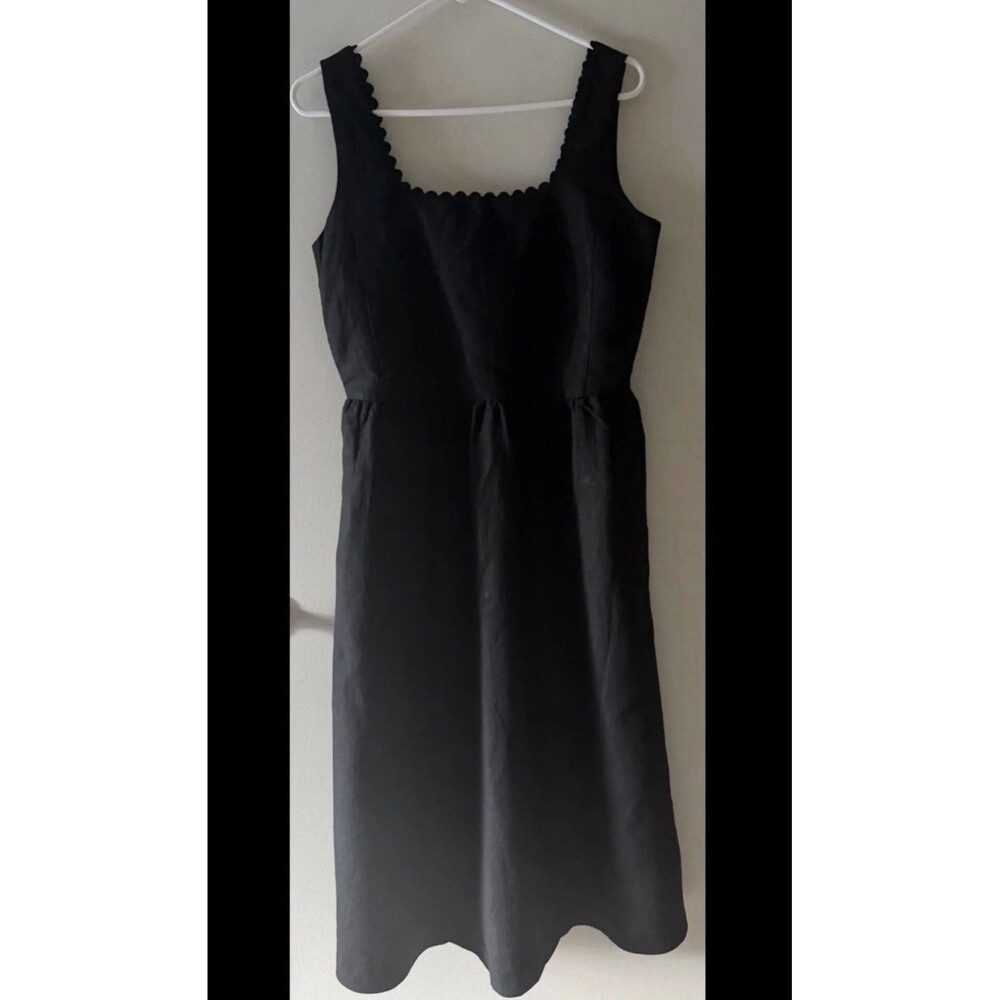 Ann Taylor Petite Scalloped Linen Blend Flare Dress Black Midi Size 2